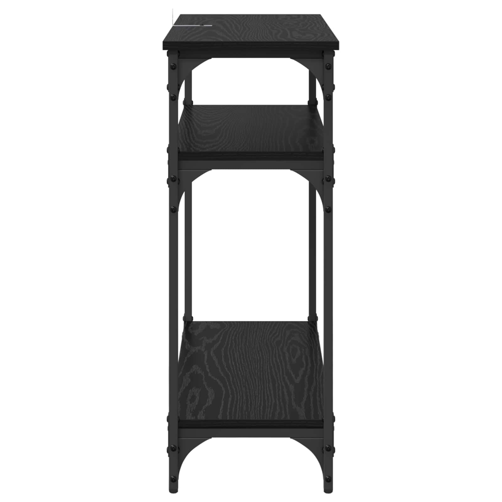 Stolik konsolowy z regałem w kolorze czarnym o wyglądzie dębu, wykonany z materiału drewnopochodnego i metalu, 75 x 29 x 75 cm, zajmuje mało miejsca do przechowywania, nowoczesny do salonu