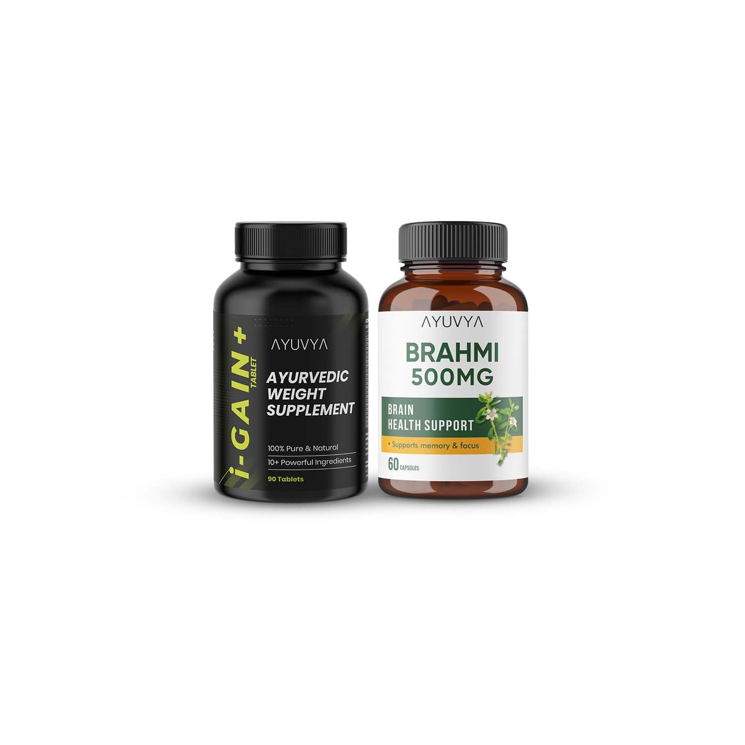 Ayuvya i-Gain+ & Brahmi Capsules Combo | i-Gain+ for Muscle Mass, Digestion & Weight Gain | Brahmi for Cognitive Functions and Reducing Stress & Anxiety