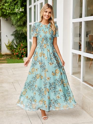 Image of Simplee Womens Casual Floral Summer Maxi Dress 2026 Boho Flowy Short Sleeve Crew Neck Vacation Smocked Chiffon Dresses