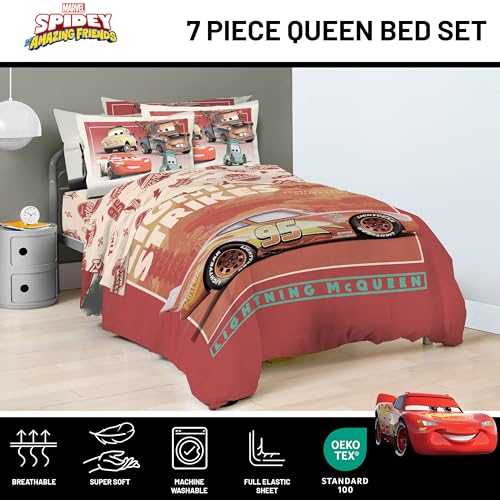 Image of Jay Franco Kids Comforter Set Includes Sheets and Pillow Covers - Soft and Cozy Bed Set for Stylish Room Decor, Official Licensed Bedding, Red - Cars, 7 Piece Queen