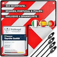 ATHELON® 3in1 Warntafel für Italien, Spanien & Portugal - Reflektierendes Warnschild inklusive 4X Spanngurte - Hochwertige Warntafel Italien für Fahrradträger (Warntafel + Gummi)
