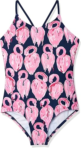 Kanu Surf Girls' Daisy Beach Sport 1-Piece Swimsuit, Hallie Navy Flamingo, 8