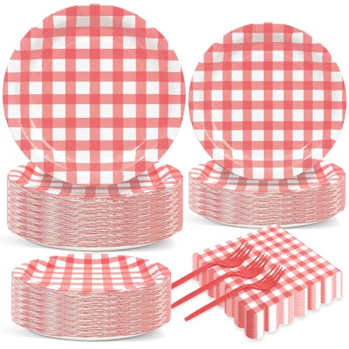 200 Pcs Red Plaid Tableware Set Red And White Checkered Birthday Party Supplies Disposable Plaid Paper Plates Napkins Dinnerware Set Girls Barbecue Picnic BBQ Birthday Decoration Serve 50 Guest