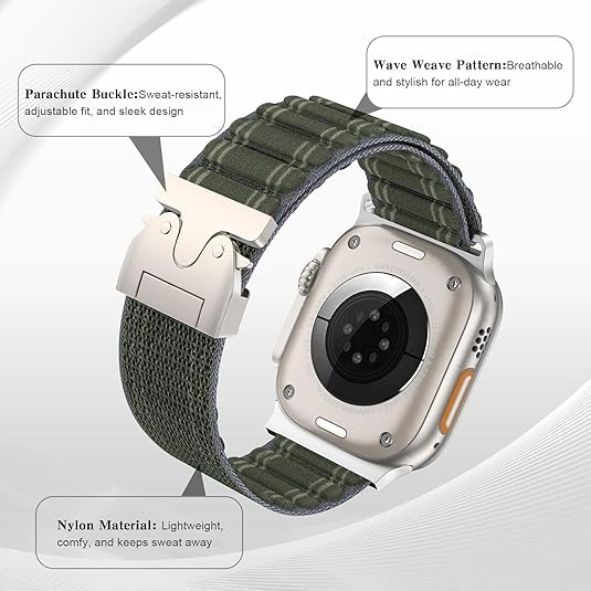 Image of Soft Nylon Wave-Patterned Strap with Parachute Buckle Compatible with Apple watch Ultra 2 /Ultra band 49mm, Series 10 46mm, 9 /8 /7 45mm, SE2 /SE /6 /5 /4 44mm, 3 /2 /1 42mm - Green
