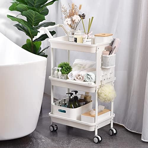 Kingrack Storage Trolley on Wheels, 3 Tier Rolling Cart with Handles, Kitchen Storage Cart, Livroom Book Trolley, Multi-Purpose Storage Organiser, White