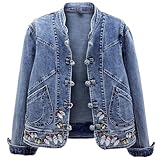 Women's Short Denim Jacket Vintage Embroidered Stretch Jacket Spring Autumn Slim Tops Blue XL