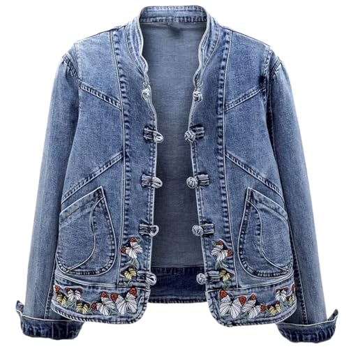 Generic Women's Short Denim Jacket Vintage Embroidered Stretch Jacket Spring Autumn Slim Tops