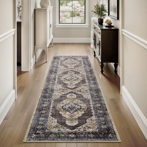 2x8 ft Runner Rug for Hallway Non Slip Washable Hallway Runner Kitchen Bedroom Runners Entryway Laundry Room Rug Long Brown Taupe Tan Brown/Taupe 2' x 8' (Runner)