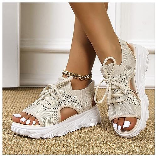 Sandals for Women Sandals Women Dressy 2024 Women's Lace Up Muffin Sandals Summer Mesh Open Toe Platform Wedge Sandals Causal Walking Sandals3