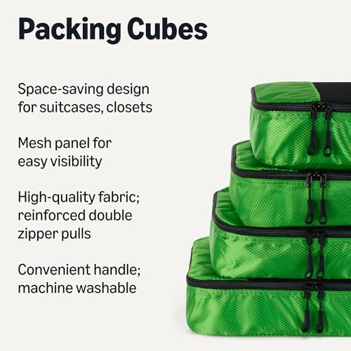 Image of Amazon Essentials 4-Piece Packing Cubes Travel Accessories Set, Luggage Organizer, Suitcase Organizer with Double Zipper, Mesh Top, Space-Saving, Polyester, Green (Previously Amazon Basics)
