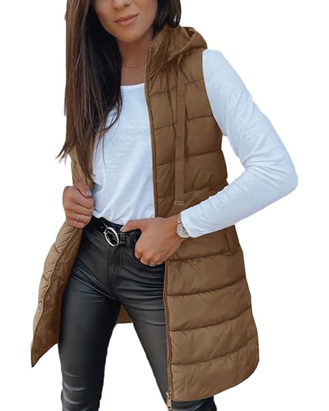 Veatzaer Women Long Vest Solid Color Sleeveless Hood Winter Puffer Vest Outwear