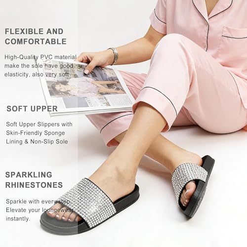 Image of Fur Story Womens Slides House Slippers Rhinestone Glitter Slides Cute bling Flat for Women Platform Sandals Cozy Bedroom Slippers Shower Shoes