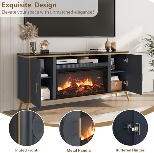 Fluted Fireplace TV Stand Up to 80" TVs, Modern Entertainment Center with 30" Electric Fireplace, Luxury Media Console with Adjustable Shelves for Living Room, Navy Blue - Thumbnail 5