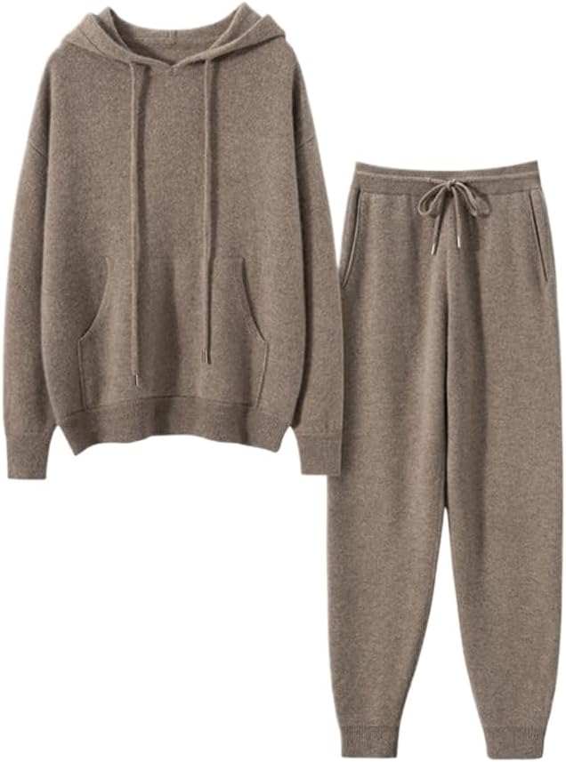 Women's Cashmere and Australian Wool Blend 2 Pieces Casual Knit Hoodie Sweater Slim Fit Pants Set for Fall/Winter