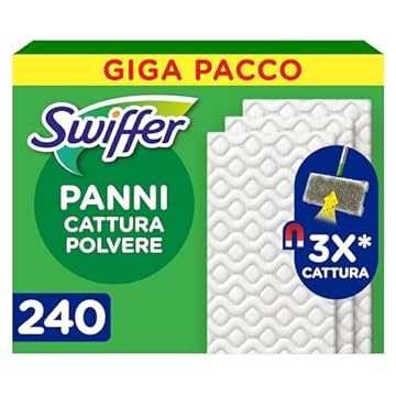 Swiffer Panni Cattura Polvere, 240 Panni Microfibra Dry, Cattura Polvere e Sporco, Ottimo per Tutti i Tipi di Pavimenti e per i Peli di Animali, Giga Formato