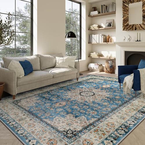 Lahome Felice Oriental Floral Medallion Area Rug - 9x12 Large Rugs for Living Room Soft Rugs for Bedroom, Printed Non Slip Non Shedding Dining Room Carpet for Nursery Playroom Home Decor, Bl