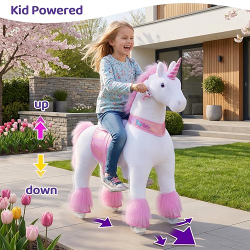 Image of PonyCycle Large Unicorn Ride on Horse Toys for Girls (with Brake / 42.5 inch Height /Size 5 for Age 7-12) Ride on Toys Riding Unicorn Pony Rider Walking Animal Plush Gifts Pink Ux502
