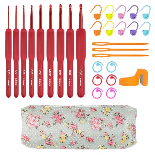 CLYAIYLC 9 Size Red Crochet Hook Set, 2.0-6.0mm Soft Touch Aluminum Crochet Hooks Ergonomic Crochet Hooks for Arthritic Hands,Ideal Gift for Beginner Lover