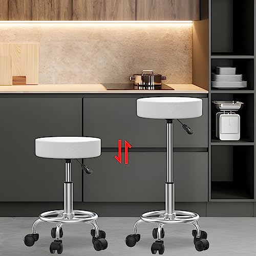 Miniatura 4 de 2 X Taburete De Bar, Taburete Con Ruedas Giratorio En 360 , Silla Escritorio Blanca En Piel Sintética, 35 Cm De Ancho, Sillas De Cocina Regulables En Altura, Silla De Trabajo Acolchado Con Reposapiés