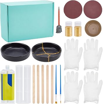 WEBEEDY 2 Sets Kintsugi Repair Kit Gold for Beginners, Complete Japanese Repair Art Kit with Practice Cups, Glue for Repairs Meaningful Broken Ceramics, Glass, Jade, Sculptures, Pottery Art Craft Gift