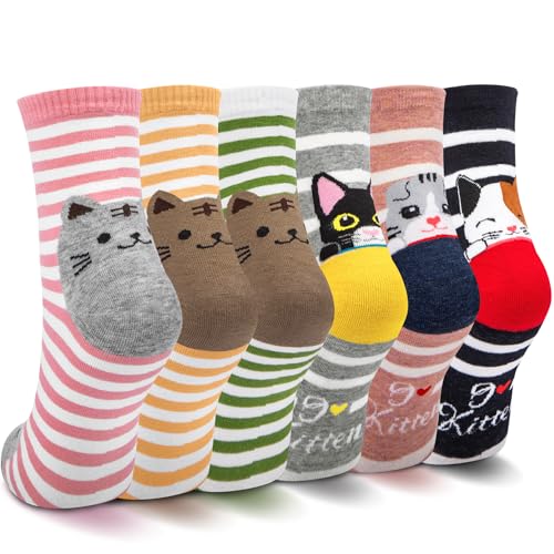 5-6 Pairs Women's Cute Cat Socks Gifts, Funny Novelty Animal Print Crew Cotton Socks Christmas Gifts for Women Girls