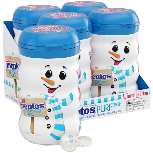 Image of Mentos Pure Fresh Sugar Free Chewing Gum, Fresh Mint Flavor, Holiday Christmas Stocking Stuffers for Adults & Kids, Winter Edition Snowman Bottle, Secret Santa, 50 Count (Bulk Pack of 4)