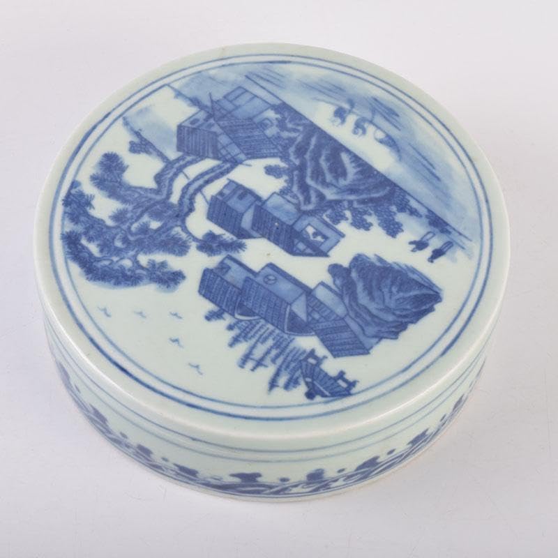 中国 書道具 青花 山水文 式陶硯 V 8477 中国 書道具 青花 山水