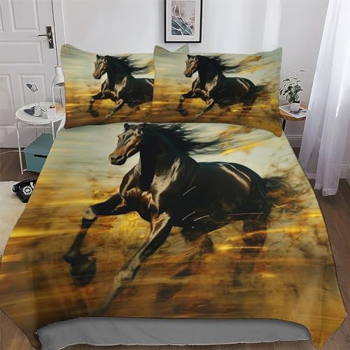 LTTTT Juego de ropa de cama con diseño de caballo, funda de edredón de 3 piezas para niños y adolescentes, funda de edredón de microfibra suave de poliéster para cama doble (200 x 200 cm)