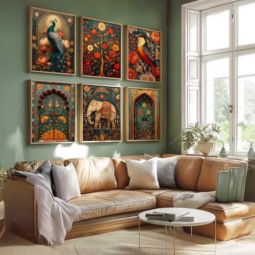 Image of kotart Madhubani Art Wall Painting Traditional Vastu Peacock Home Decoration With Frame For Living Room Bed Room Hotel Wall Decor Digital Reprint Set of 6 (10X13 inch)