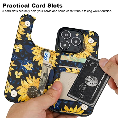 Image of HAOPINSH for iPhone 13 Pro Case Wallet with Card Holder, Blooming Sunflowers Pattern Back Flip Folio PU Leather Kickstand Card Slots Case for Women Girls, Double Magnetic Clasp Shockproof 6.1 inch