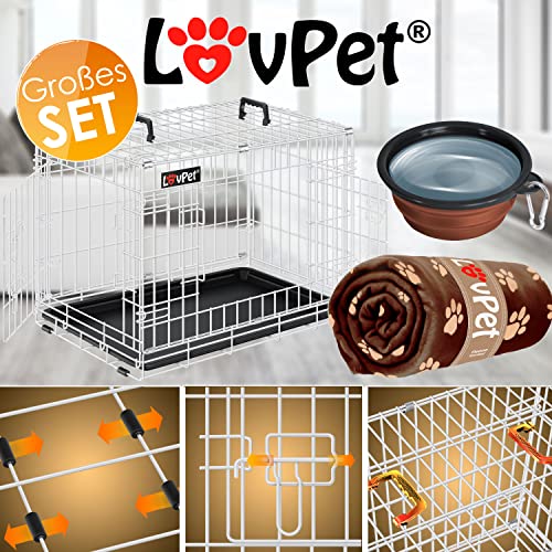LOVPET® Hundekäfig klappbar Hundetransportkäfig Inkl. Fleecedecke + Napf Hundebox mit 2 Türen Transportkäfig Auto, Tiertransportbox Hundetransportbox mit Bodenschale 122 x 74,5 x 80,5 cm XXL Weiß