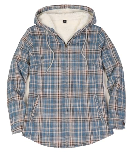 Lisskolo Women Sherpa Flannel Jacket Warm Fleece Lined Plaid Full Zip Flannel Shirt Jacket with Hood