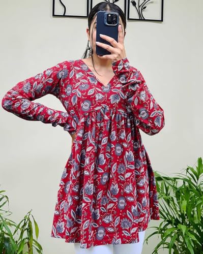 Image of Women's V Neck Anarkali Short Kurti for Women Full Sleeve Floral Print |Stylish Kurtis & Short Kurtis for Woman | Casual Kurti with Jeans | Kurtas for Woman