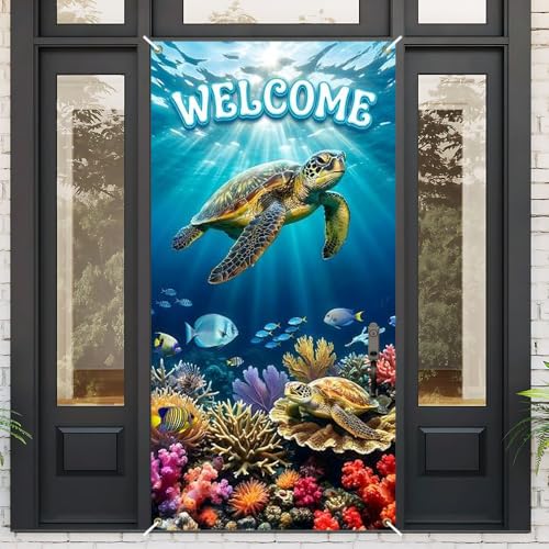 Image of Welcome Sea Turtle Door Cover Ocean Underwater Front Door Banner