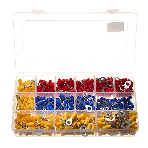 Kit surtido de 650 terminales aislados surtidos en rojo, azul y amarillo for cables eléctricos, terminales de anillo de crimpado.