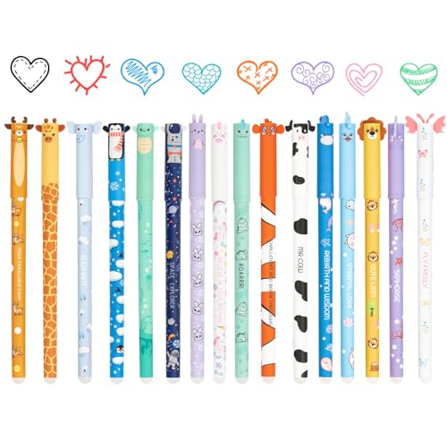 Zouwel 16 er Set Gelstifte Radierbar Radierbarer Kugelschreiber mit Tiermotiven Designs 0.7 mm Spitze Radierbare Stifte mit Farbtinte für Geschenk Schule & Bürobedarf