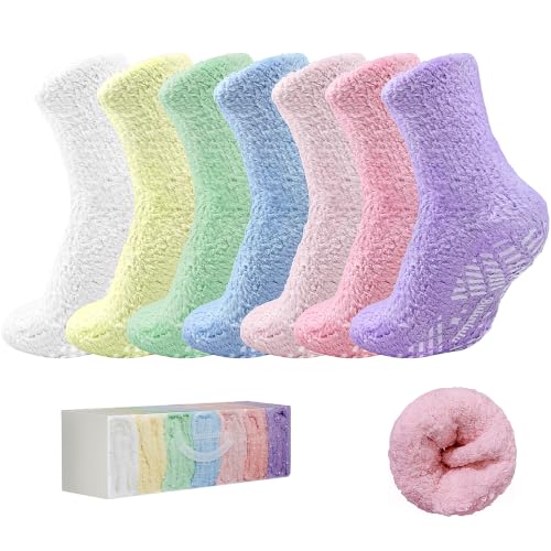 Image of Bulinlulu Fuzzy Socks with Grips Plush Sleep Cozy Winter Soft Hospital Fluffy Socks for Womens Mens Gifts
