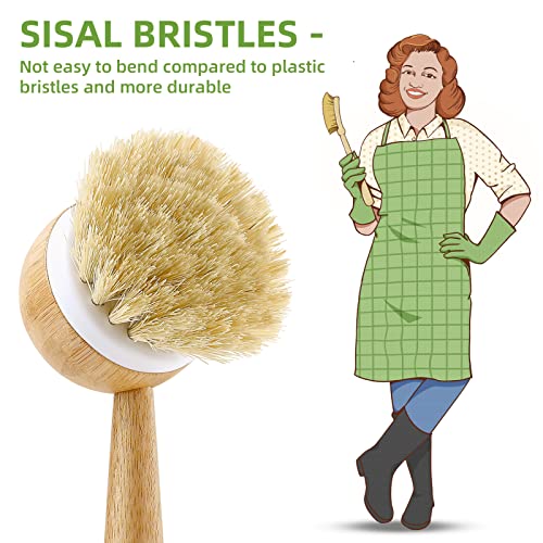 Image of SUBEKYU Dish Brush with Handle, Natural Bamboo Dish Scrubber Brush, Kitchen Dishwashing Brush for Cleaning Dishes /Pans /Pots /Sinks, Sisal Bristles, 2P