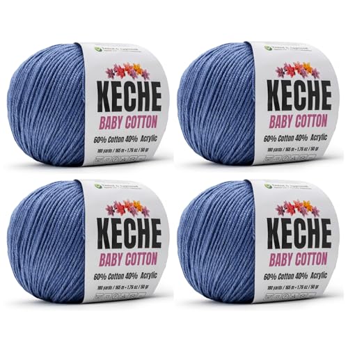 Image of Keche Baby Cotton, 60% Cotton 40% Acrylic Yarn, Soft Cotton Yarn for Crochet and Knitting, Amigurumi Yarn 4 Skeins /Balls [1.76 Oz (50g) / 180 Yrds (165m)] x 4 - Denim Blue