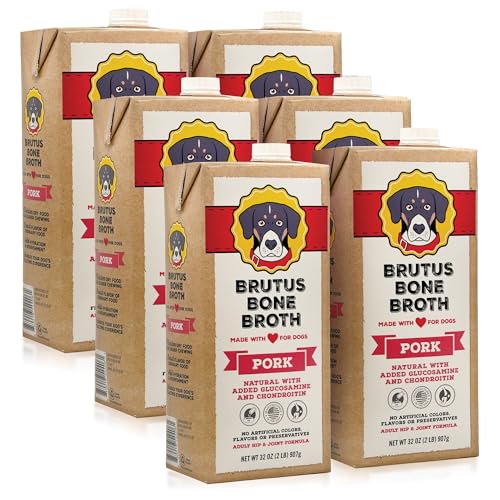 Image of Brutus Bone Broth Liquid for Dogs | All Natural | Made in USA | Glucosamine & Chondroitin for Healthy Joints | Human Grade Ingredients | Hydrating Food Topper, Gravy & Treat (Pork, 6-Pack)