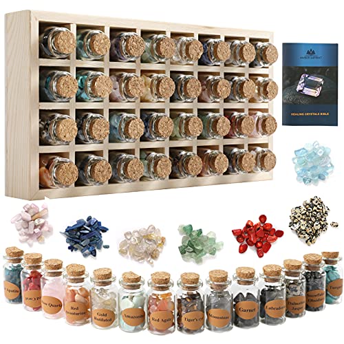 AMBER IMPRINT Set of 32 Crystals for Witchcraft with Wooden Tray - Healing Crystals chip in Glass Bottles - Chakra Healing Crystals in Gift Package - Witchcraft Supplies Crystals for Beginners