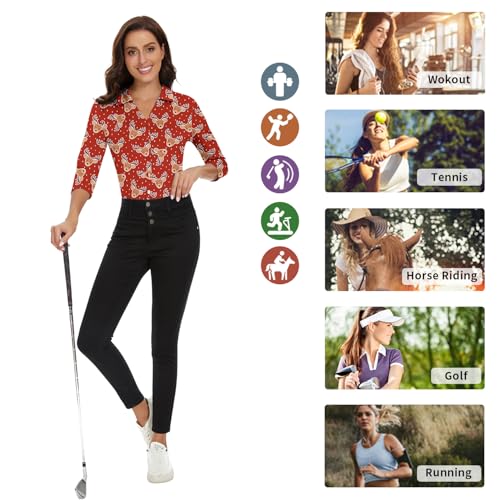 Image of Soneven Womens Golf Polo Shirts 3 /4 Long Sleeve V Neck Button Down Shirts Business Causal Work Blouses Tops