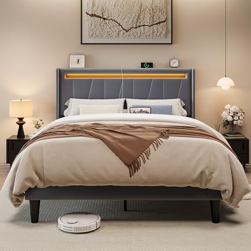 Image of Allewie Full Size LED Bed Frame with Charging Station, Velvet Upholstered Platform Bed with Geometric Wingback Headboard, Modern Frame with No Box Spring Needed, Easy Assembly, Grey