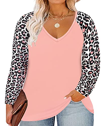 Image of TIYOMI Plus Size Tops for Women Raglan Long Sleeve V Neck T Shirts Casual Color Block Leopard /Floral Tops Winter Tee Shirt