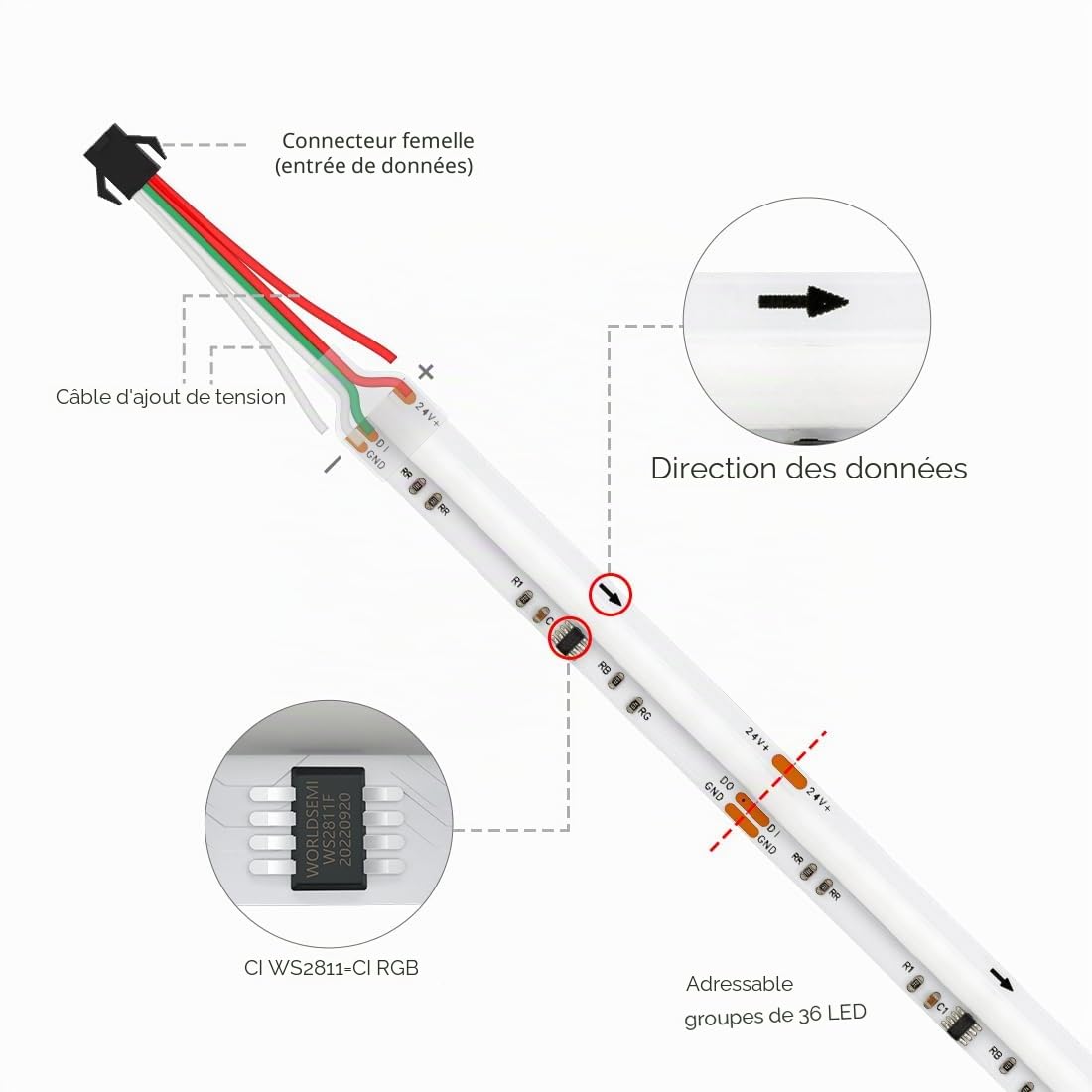 BTF-LIGHTING FCOB COB WS2811 IC RGB Bande LED Adressable DC24V 5M 576LEDs/M 16W/M 10mm Blanc PCB Parcours Lumineux Flexible Haute Densité LED IP66 étanche pour l'intérieur(Bande uniquement)