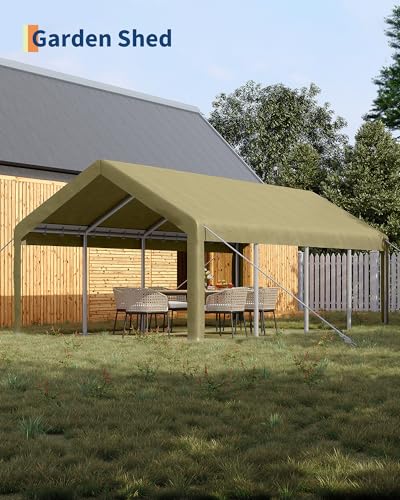 Image of GarveeLife 13x25 ft Carport with 10 Sandbags, Car Port with 220 g PE Tarp, 2 Roll-Up Doors, and 4 Windows, for Full-Size Pickups, Bass Boats, Tractors, and SUVs, Khaki