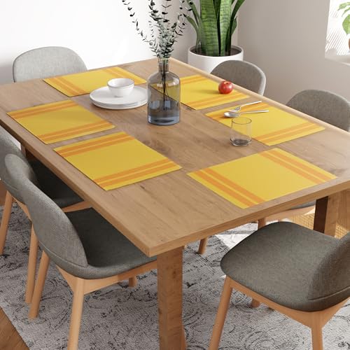 Image of Encasa XO Dining Table Mats Set of 6, Ribbed Cotton Table Mat 46x32 cm | Handmade Heat Resistance Table Placemats, Non Slip, Washable & Durable Place Mat for Centre Table, Living Room Ladder Lemon