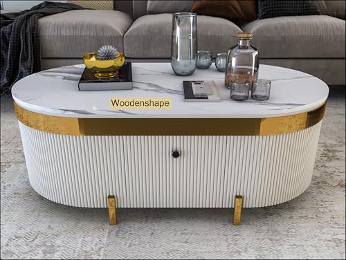 Image of Premium Marble-Top Center Table with One Storage Door and PVD Coated lron Legs and Coffee Table with Oval Design for Living Room and Entryway,42x24x18 Inch, (White and Gold)