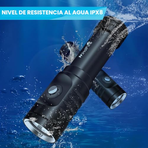 Linterna de buceo WINDFIRE con batería recargable y cargador submarino IPX8 5