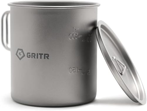 GRITR Titanium Mug, 15.2 fl oz / 450 ml | Camping, Backpacking, Picnic, Hiking, Travel, Outdoor Cooking Gear w/Lid & Folding Handles | Ultralight Multi-Purpose Metal Cup for Water, Coffee, Tea
